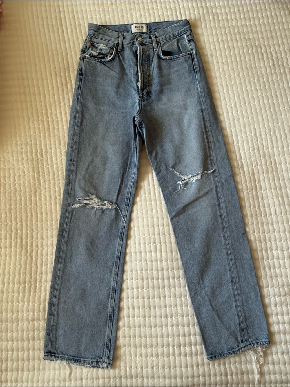 Agolde Washed Blue High-Rise Straight-Rise Jeans with Knee Distress